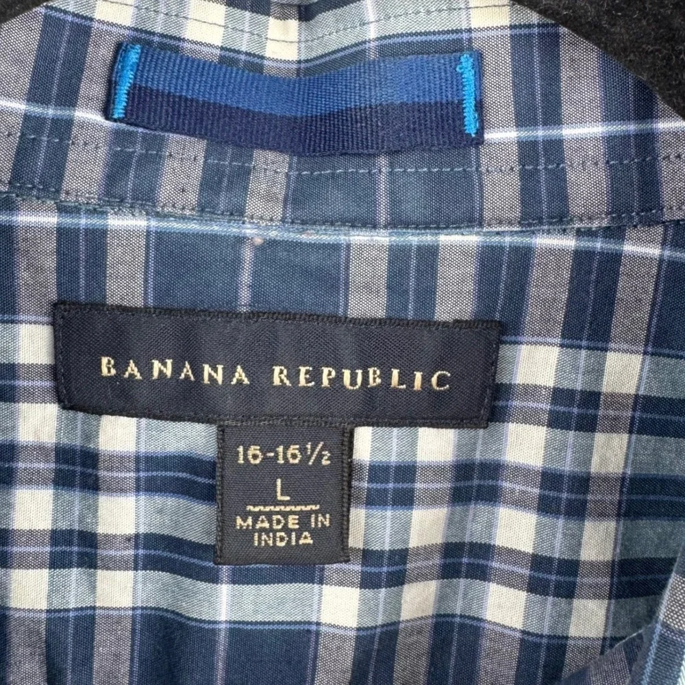 Banana Republic Button Down Shirt Men L Navy Blue Plaid Stretch Long Sleeve 6720